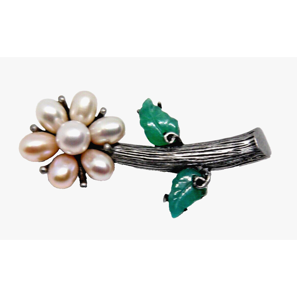 Silver Tone Pewter Style Pearl, Jade Leaf Flower Brooch Pin VTG Designer 1322